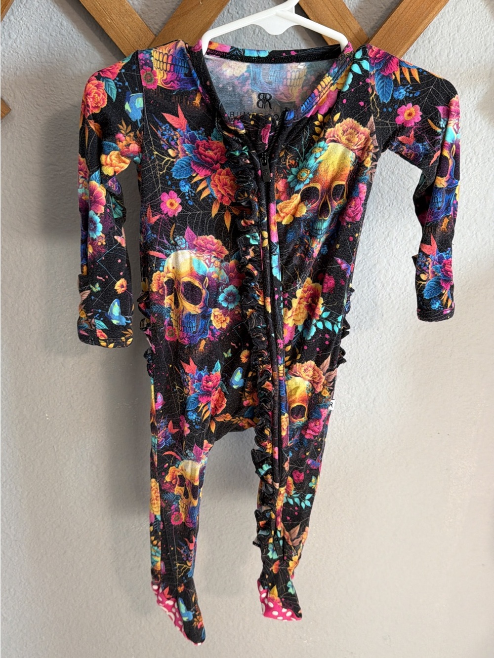 Toddler Footed One-Piece Romper in Black with Colorful Skull & Floral Print